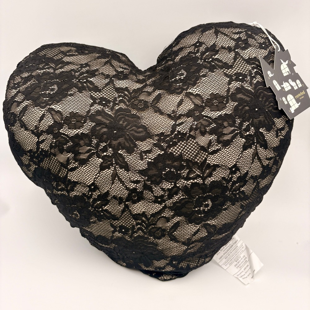 Coveted Home Black Lace Heart Shaped Halloween Pillow Gothic Victorian Goth NEW